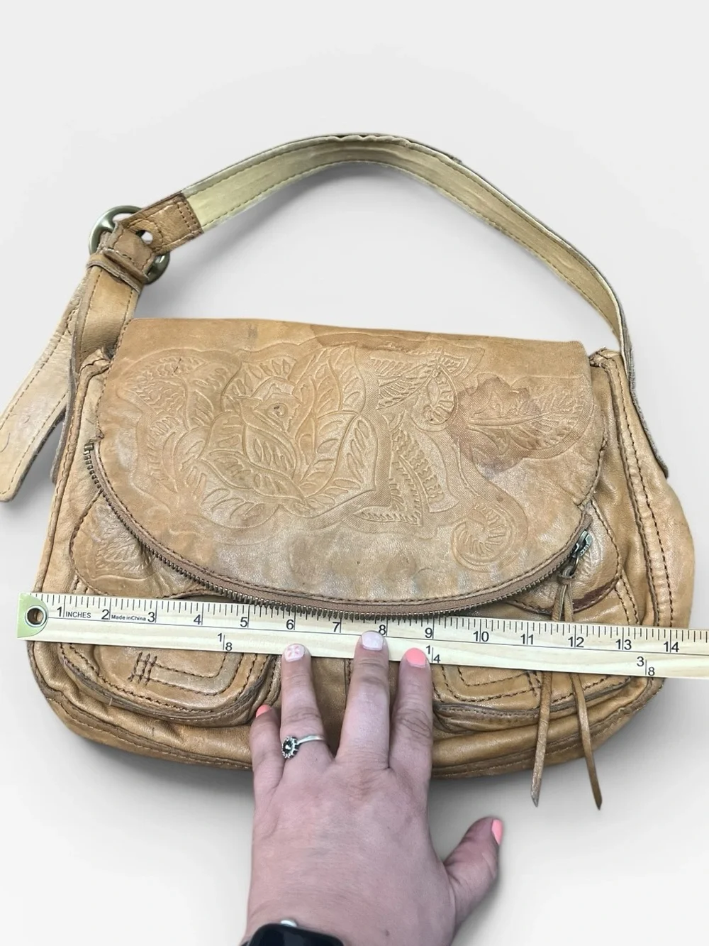 Lucky Brand Ramblin Rose Lambskin Boho Hobo Bag Tan Tooled Y2K